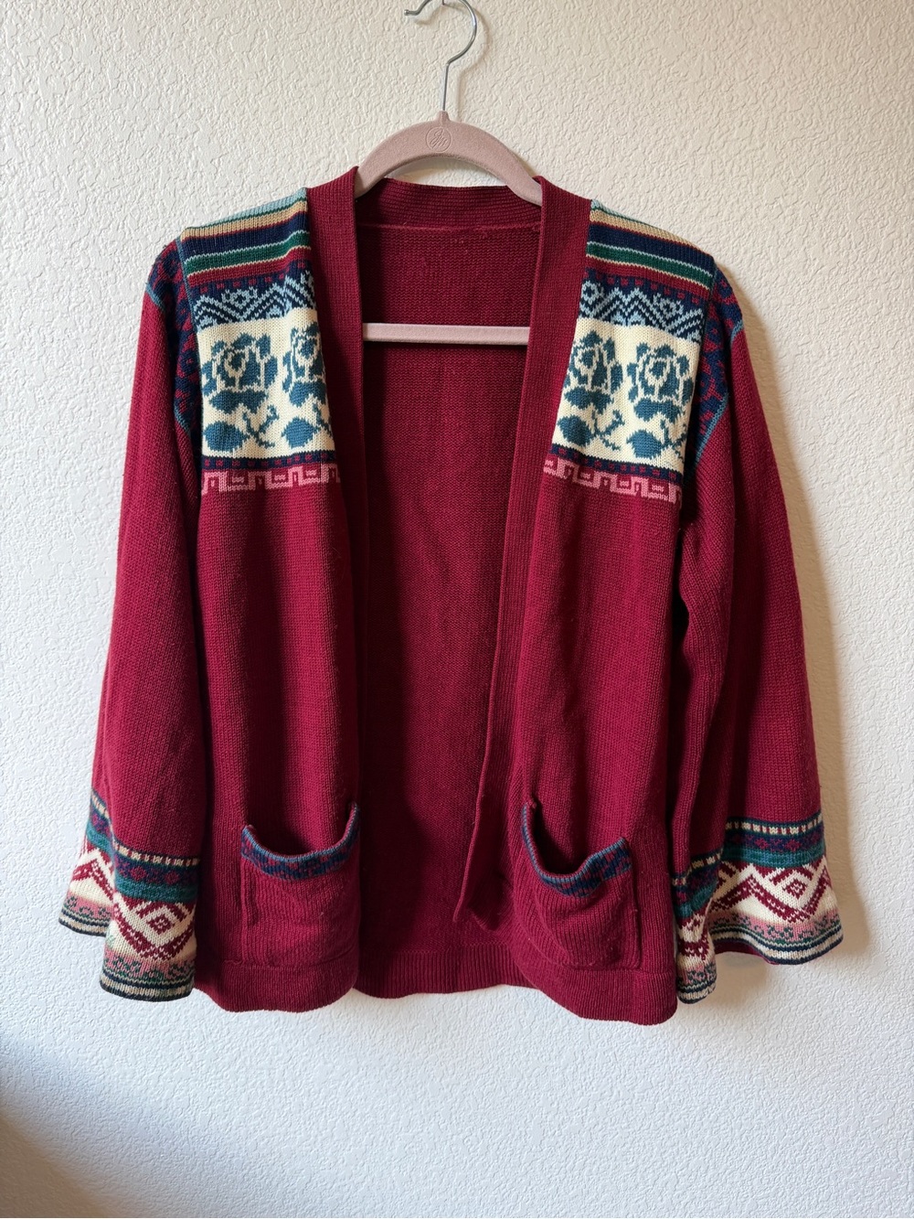 Vintage Sweater Open-Front Burgundy Patterned Women's Cardigan